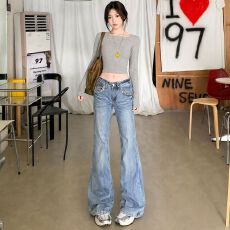 批发美式复古水洗浅蓝色豹纹微喇牛仔裤女2026夏季新款修身弹力喇叭裤