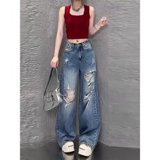 批发破洞阔腿牛仔裤女<b class='q'>春</b>夏新款高腰大码胖MM宽松显瘦垂感直筒拖地长裤