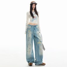 批发美式复古做旧泼墨设计弯刀牛仔裤男女宽松直筒阔腿休闲拖地长裤子