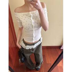 批发美菱提花莱赛尔一字肩假两件拼接撞色高级<b class='q'>中袖</b><b class='q'>上衣</b>显瘦T恤女