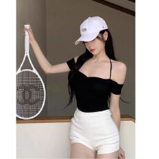 批发人棉显胸纯欲辣妹性感一字肩短款上衣别致挂脖锁骨短袖t恤女