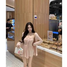 批发人棉粉色长袖防晒开衫女夏季套装纯欲飘带抹胸背心上衣两件套