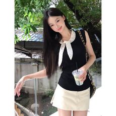 批发原版品质韩系波点蝴蝶结拼接设计感无袖背心女夏季修身上衣