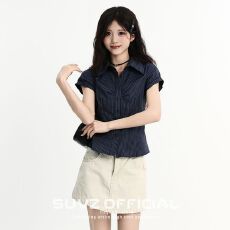 批发【原版面料】韩系学院风褶皱条纹polo领短袖衬衫女夏季收腰上衣