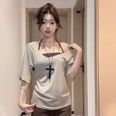批发原版做法夏季不规则性感露肩T恤叠穿挂脖吊带女辣妹上衣套装