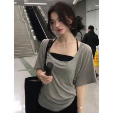批发原版做法韩系灰色高级感显瘦短袖T恤女夏季纯欲别致小上衣