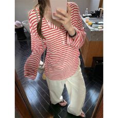 批发【原版品质】韩系慵懒撞色条纹长袖防晒罩衫<b class='q'>夏季</b>长袖T恤上衣女