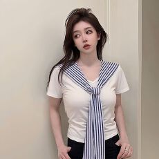 批发【实拍】【原版品质】假两件条纹海军领短袖T恤夏季修身白色上衣