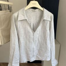 批发原版品质韩系条纹翻领长袖<b class='q'>衬衫女</b>夏季慵懒防晒衬衣宽松上衣