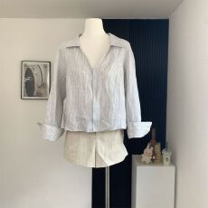 批发【原版品质】法式宽松条纹长袖衬衫女<b class='q'>夏</b>季慵懒风设计感翻领上衣