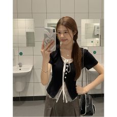 批发随心裁韩系拼接蕾丝假两件绑带上衣女百搭显瘦圆领短袖t恤夏