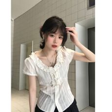 批发原版做法法式复古荷叶边<b class='q'>衬衫</b>夏季蕾丝收腰显瘦短袖<b class='q'>衬衫</b>白色女