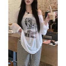 批发天丝螺纹 慵懒风<b class='q'>个性</b>字母印花斜领长袖女春季宽松露肩上衣