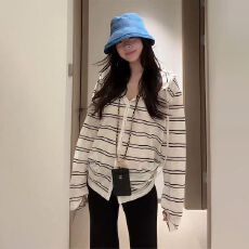 批发雪花棉长袖连帽条纹<b class='q'>开衫</b>T恤女夏季韩系慵懒<b class='q'>薄</b>款防晒上衣外套