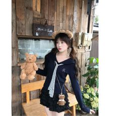 批发美式条纹海军领长袖t恤女修身辣妹打底衫短款上衣