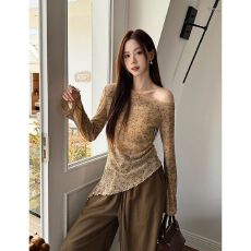 批发【原版面料】晕染不规则长袖露肩T恤<b class='q'>女</b>装<b class='q'>新款</b>春秋复古气质上衣