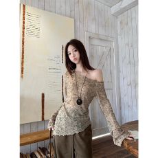 批发晕染不规则长袖露肩T恤<b class='q'>女</b>装<b class='q'>新款</b>秋季复古气质上衣