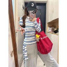 批发原版品质韩系polo领蓝条纹长袖t恤女秋季新款小众飘带上衣