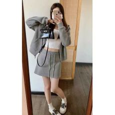 批发美式复古灰色<b class='q'>卫衣</b>连帽外套半裙两件套宽松显瘦休闲运动套装