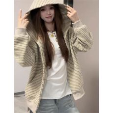 批发品质绒条复合美式早秋季新款条纹拉链<b class='q'>开衫</b>连帽卫衣女