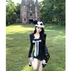 批发【随心裁】<b class='q'>波点</b>拼接绑带抹胸<b class='q'>连衣裙</b>女装秋季休闲长袖开衫两件套