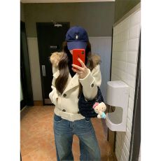 批发加厚保暖德绒450克韩系双排扣毛呢外套女秋冬连帽毛领上衣