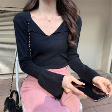 批发灰色V领针织衫长袖女秋季新款<b class='q'>大码</b>微胖mm显瘦内搭打底衫上衣