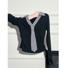 批发螺纹德绒】复古格纹领带V领<b class='q'>长袖</b><b class='q'>T</b><b class='q'>恤</b>女秋修身显瘦假两件上衣