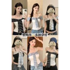 批发【带胸垫美背】假两件条纹吊带<b class='q'>背心</b>女装秋季辣妹一字肩抹胸上衣