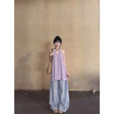 批发【原版面料+内里】法式气质紫色碎花无袖背心<b class='q'>中长款</b>上衣夏季