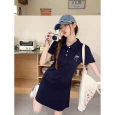 批发官图 <b class='q'>纯棉</b>螺纹POLO衫领连衣裙女中长款短袖<b class='q'>T</b><b class='q'>恤</b>夏季收腰上衣