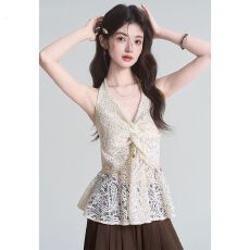 批发【原版面料】夏季系带蕾丝无袖吊带背心女韩系挂脖收腰外穿上衣