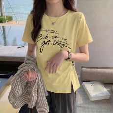 批发官图纯棉字母大码女<b class='q'>装</b>印花收腰不规则短袖显瘦T恤正肩上衣夏