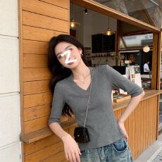 批发官图 260克2x2人棉 V领<b class='q'>中袖</b>T恤女短袖夏季正肩短款辣妹上衣