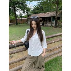批发【原版面料】老钱风白色V领七分袖衬衫女<b class='q'>夏</b>季系带收腰显瘦上衣