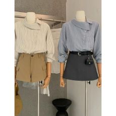 批发斜扣翻领蓝色条纹<b class='q'>衬衫</b>女长袖秋季设计感<b class='q'>休闲</b>气质<b class='q'>衬衣</b>法式上衣
