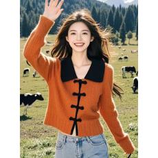 批发早秋新中式国风橘红色盘扣针织衫高级感超看慵懒风软糯<b class='q'>毛衣</b>女秋冬