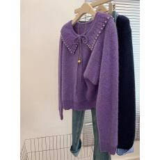 批发小香风紫色钉珠翻领长袖针织衫<b class='q'>毛衣</b>女2025新款内搭可外穿气质上衣