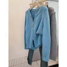 批发蓝色双拉链长袖针织<b class='q'>毛衣</b>开衫外套女士内搭可外穿2025新款软糯上衣