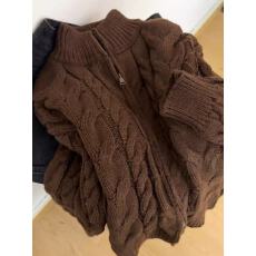 批发秋冬美拉德棕咖色立领麻花<b class='q'>毛衣</b>女复古双拉链开衫外套