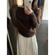 批发法式红色一字领露肩针织衫女秋冬软糯马海毛毛衣内搭打底加厚上衣