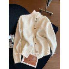 批发米白色立领针织开衫女2025秋冬季新款慵懒风简约百搭软糯毛衣外套