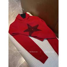 批发新年红色五角星连帽针织衫女2025秋冬季新款时尚加厚套头软糯毛衣