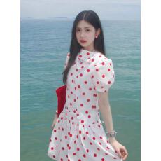 批发泡泡袖红色波点连衣裙女夏季小个子翻领A字裙短袖俏皮感复古裙