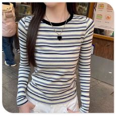 批发牛奶丝 <b class='q'>韩国</b>东大门撞色圆领条纹长袖t恤女秋季正肩修身显瘦上衣潮