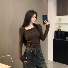 批发德绒  <b class='q'>韩国</b>东大门超火一字肩打底上衣女秋季韩版斜领修身长袖t恤