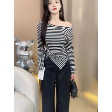 批发牛奶丝 <b class='q'>韩国</b>东大门时尚超火下摆不规则开叉斜肩长袖T恤女百搭上衣