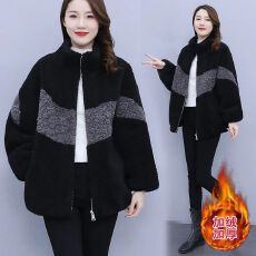批发秋冬季时尚羊羔绒外套新款皮毛一体拼色颗粒绒大衣<b class='q'>女</b>宽松大码<b class='q'>女</b>装