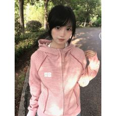 批发美式韩系粉色哈苏线撞色条纹连帽卫衣女早秋<b class='q'>新款</b>修身短款开衫外套