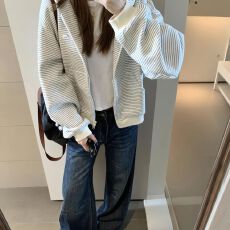 批发超火美式复古条纹开衫连帽卫衣女秋冬季<b class='q'>新款</b>宽松设计感情侣外套潮